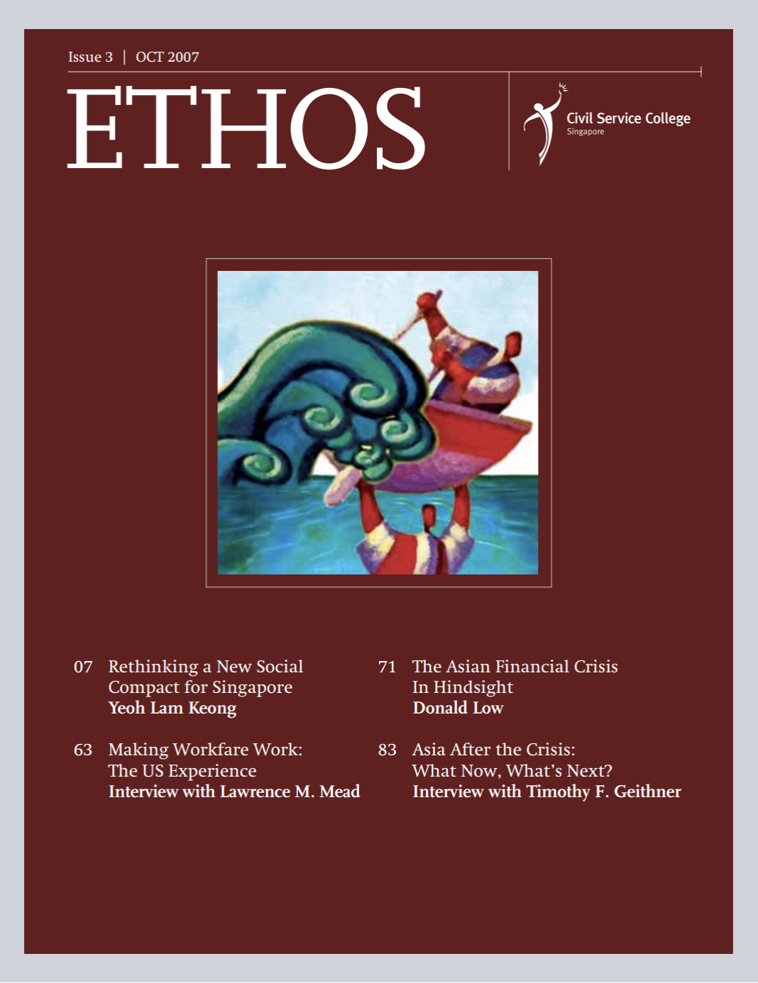Magazine cover with the title "ETHOS" and a colorful illustration of a boat on waves.